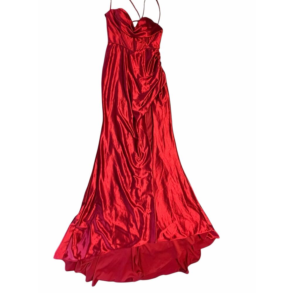 STACEES Red Satin Corset Gown Thigh-High Slit - Size 8 - Picture 4 of 16
